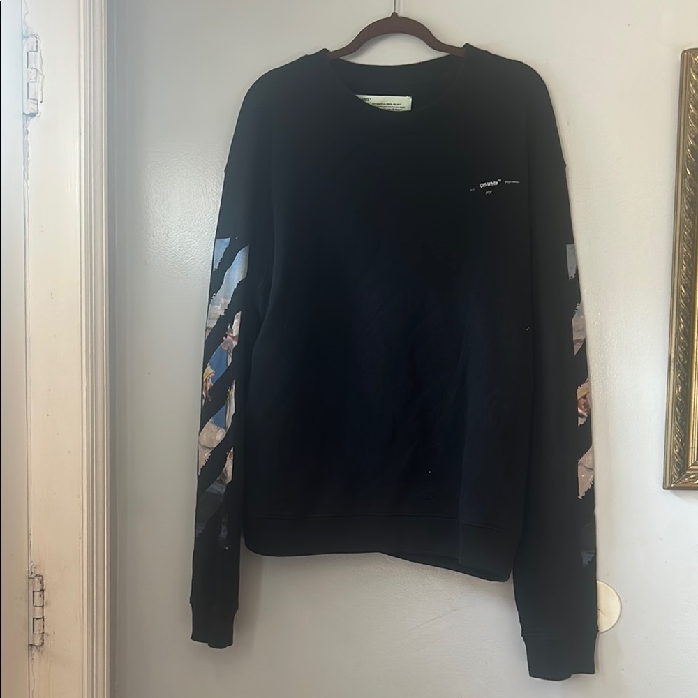 Off-White Black Crewneck Sweater with Graphic Sleeves